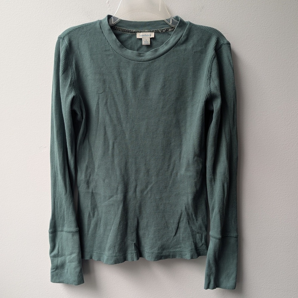 Sundance Long Sleeve Thermal Top Teal Waffle Knit Velvet Trim Button Cuff Sz S